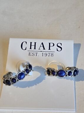Chaps Silver-Tone Hoop Earrings with Blue Cabochons